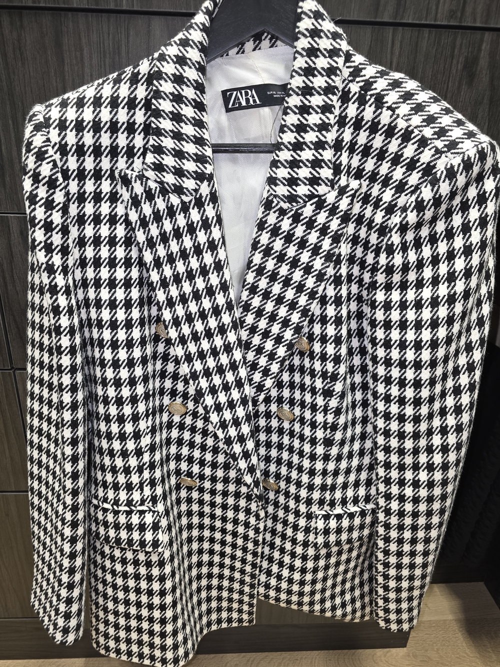 Zara Black & White Houndstooth Double-Breasted Blazer with Gold Buttons
